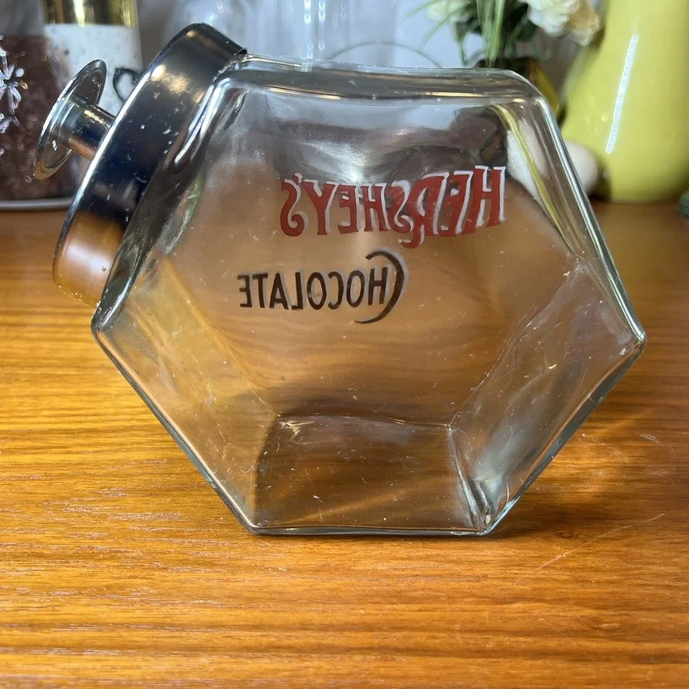 Vintage Hershey's Chocolate Hexagon Glass Candy Cookie Jar w/Chrome Lid